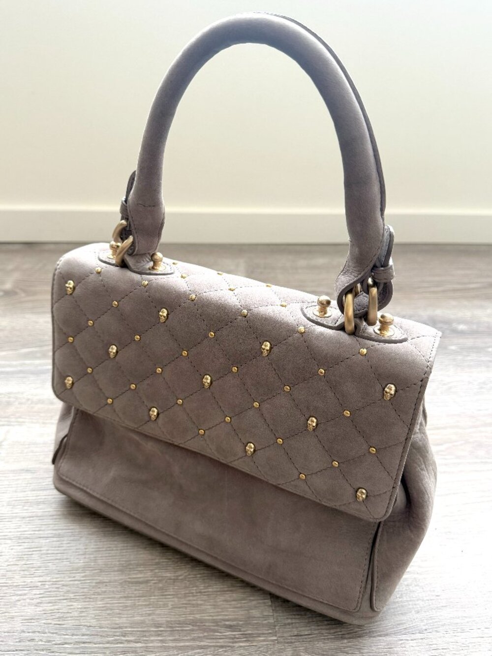 Authentic Thomas Wylde Taupe / Mauve Suede Skull Quilted Mini Bag